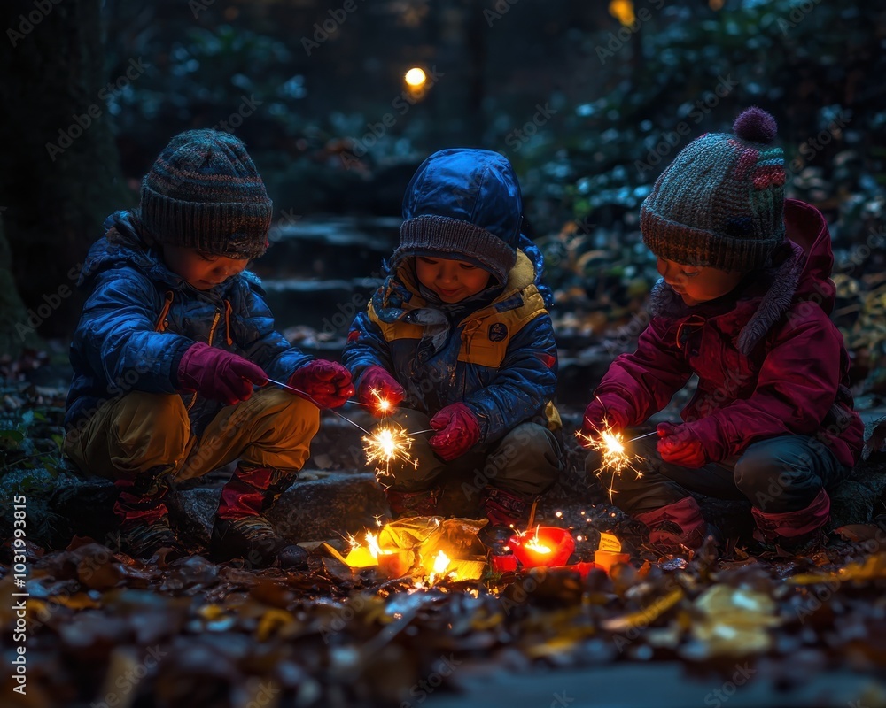Children playing with sparklers in a serene evening atmosphere filled with autumn leaves. Children playing with sparklers in a serene evening atmosphere filled with autumn leaves.