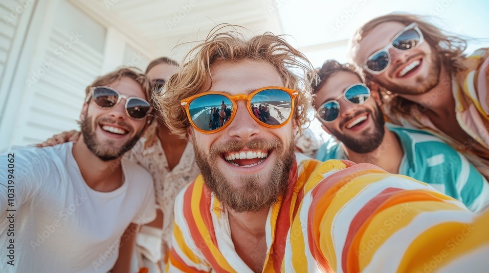 Five friends gather outdoors in bright summer attire, capturing a joyful selfie while enjoying the sunny weather, showcasing their camaraderie and stylish sunglasses. Five friends gather outdoors in bright summer attire, capturing a joyful selfie while enjoying the sunny weather, showcasing their camaraderie and stylish sunglasses.
