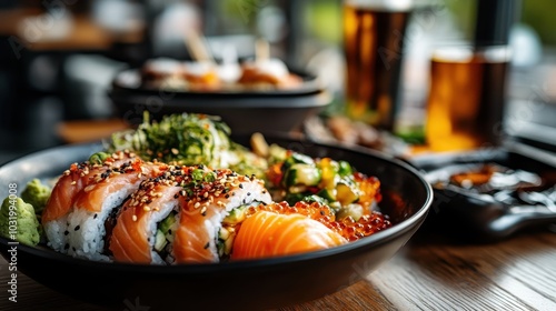 A tantalizing sushi spread featuring fresh salmon and vibrant garnishes, elegantly plated to showcase a balanced fusion of color, texture, and delicious culinary artistry.