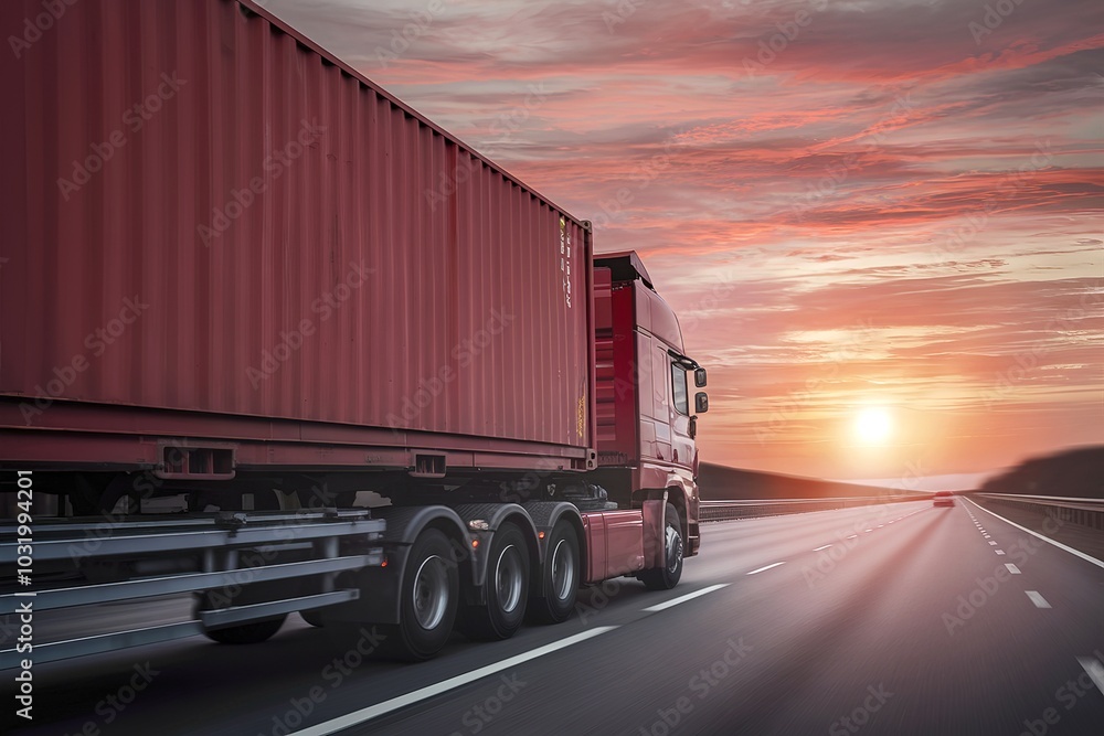 Truck transport with red container on highway road at sunset, motion blur effect Truck transport with red container on highway road at sunset, motion blur effect