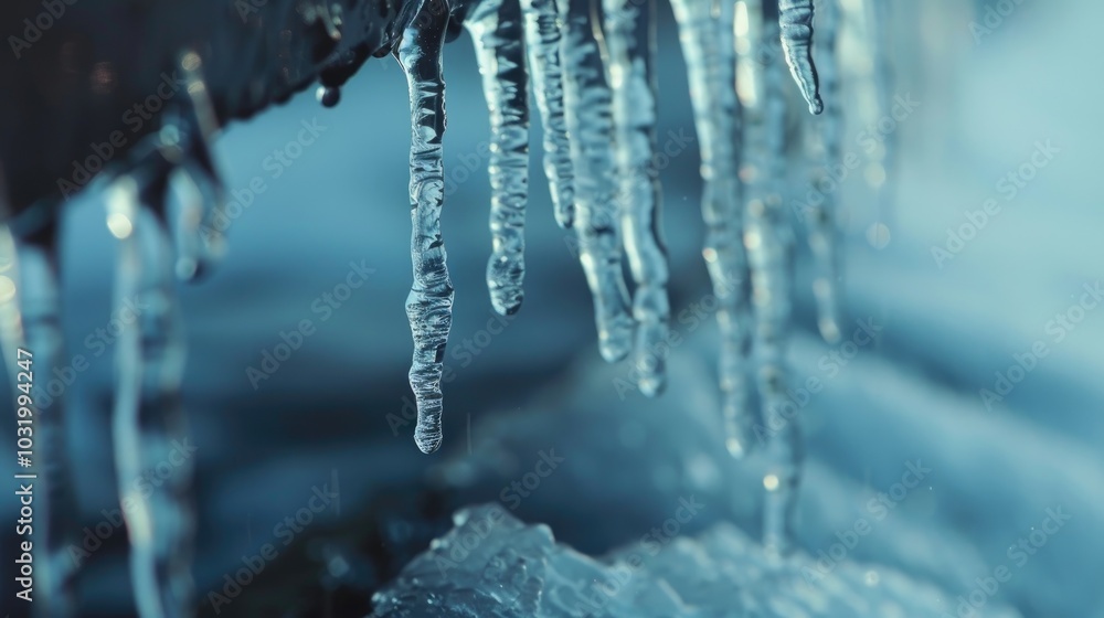 Close-up of crystal-clear icicles hanging from a roof edge Close-up of crystal-clear icicles hanging from a roof edge