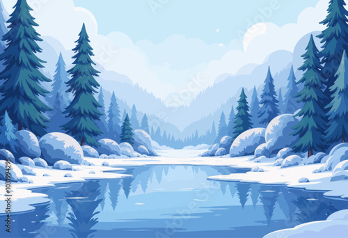 Frozen Lake in Winter Forest 
