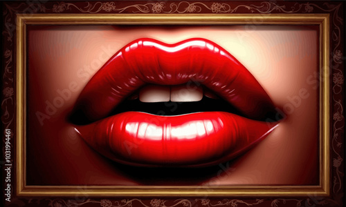 Glossy Red Lips in Golden Frame 
