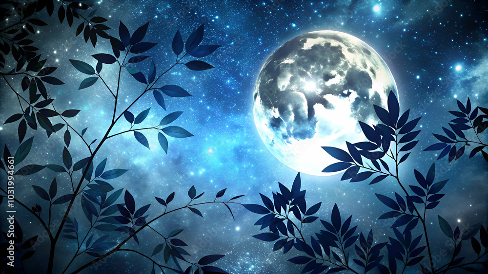 A silhouette of leaves against a starry night sky with a full moon, perfect for serene backgrounds in digital designs and nature-themed graphics. A silhouette of leaves against a starry night sky with a full moon, perfect for serene backgrounds in digital designs and nature-themed graphics.