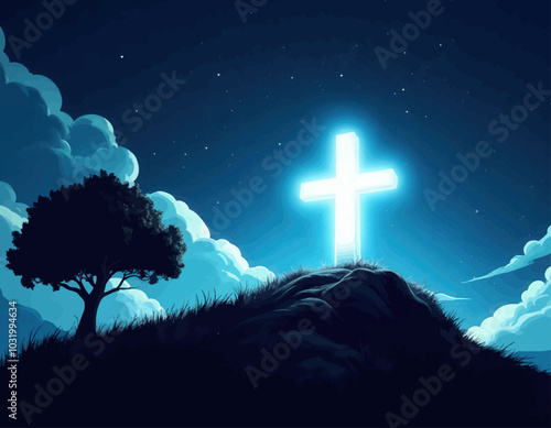 Glowing Cross on Hilltop at Night 

