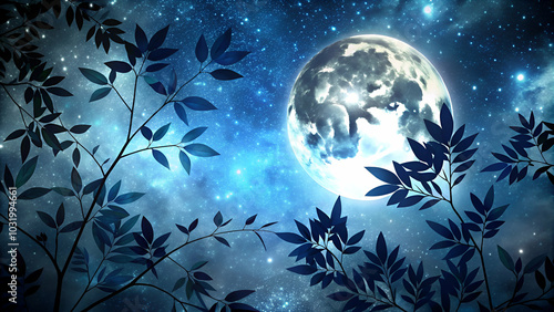 A silhouette of leaves against a starry night sky with a full moon, perfect for serene backgrounds in digital designs and nature-themed graphics.