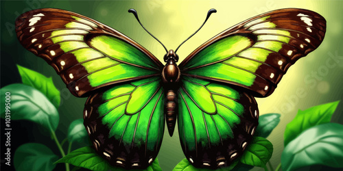 Green Butterfly with Brown and White Markings on Leaves