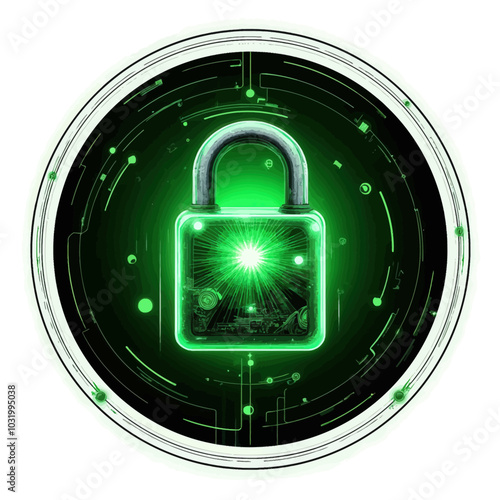 Green glowing padlock in digital circle 
