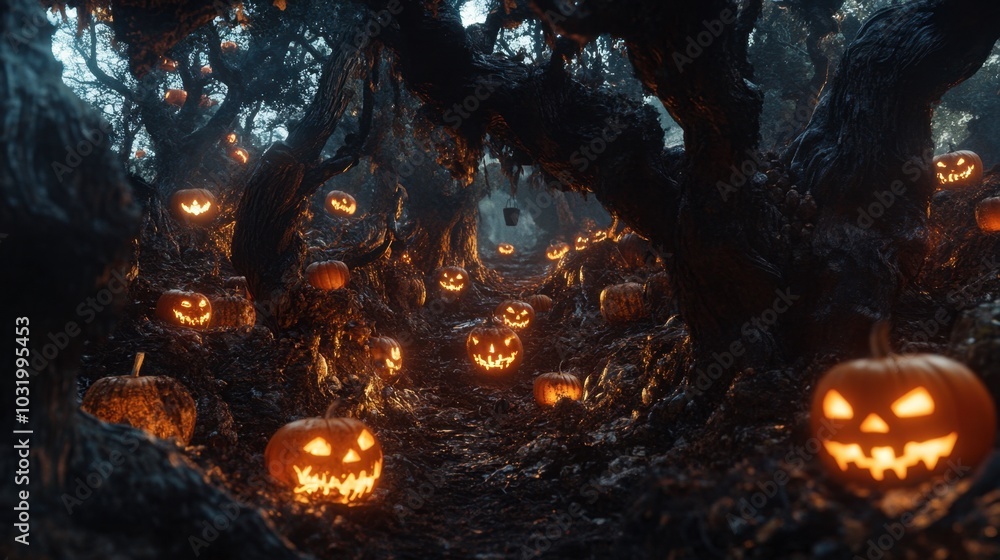 Spooky Halloween Scene with Glowing Pumpkins and Trees Spooky Halloween Scene with Glowing Pumpkins and Trees