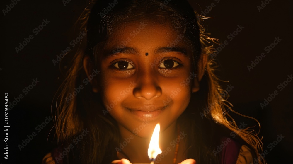 custom made wallpaper toronto digitalA young girl holds a diya in a dark setting, with her face illuminated by the warm glow, creating a serene and festive mood perfect for Diwali celebrations.
