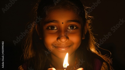 Wallpaper Mural A young girl holds a diya in a dark setting, with her face illuminated by the warm glow, creating a serene and festive mood perfect for Diwali celebrations.
 Torontodigital.ca