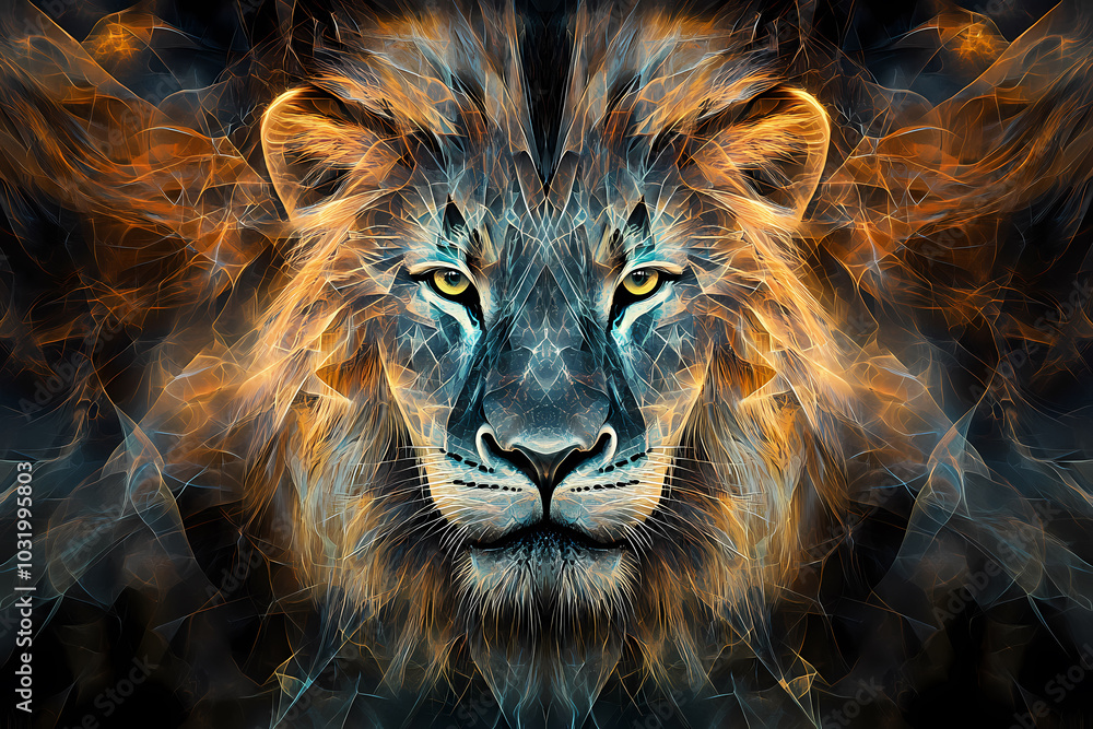 Fototapeta premium an image of a lion that combines intricate geometric patterns and bright colors to create an abstract, mystical image