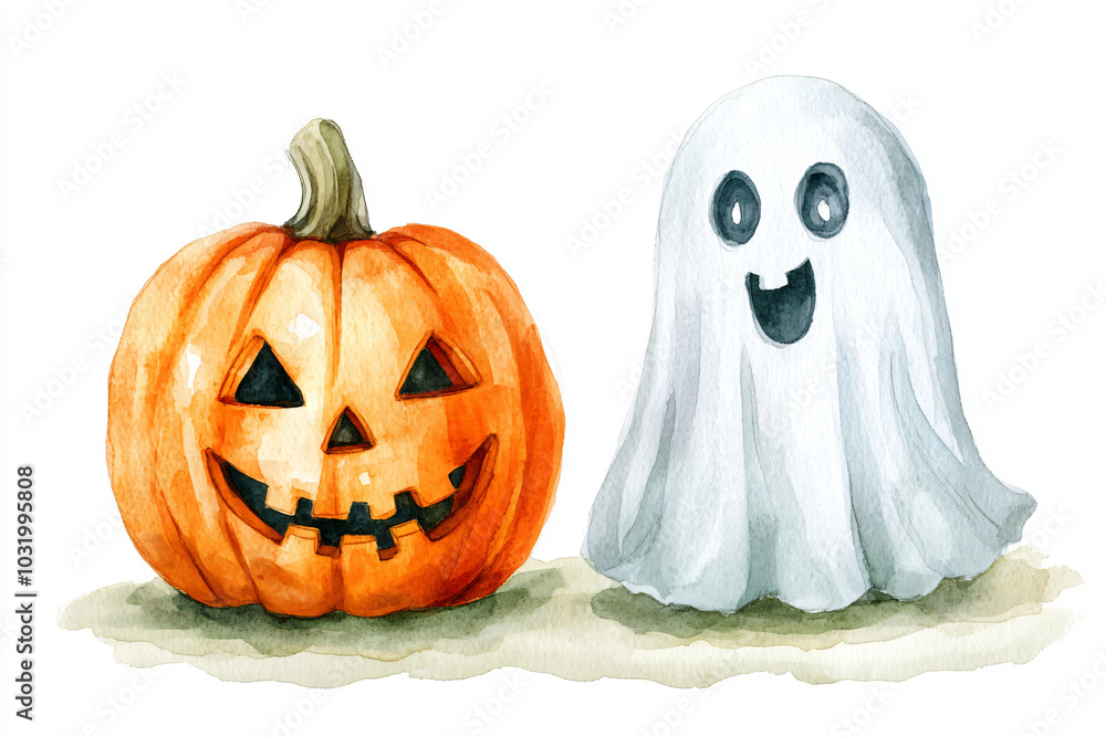 Funny ghost and pumpkin jack o lantern in witch hat on white background. Magic scary spirit. Watercolor Simple spooky monster. Festive holiday concept Funny ghost and pumpkin jack o lantern in witch hat on white background. Magic scary spirit. Watercolor Simple spooky monster. Festive holiday concept