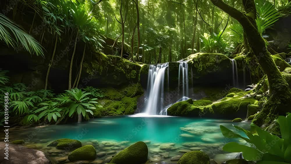 Crystal clear waterfall flowing into turquoise pool, surrounded by lush greenery and moss-covered rocks
Crystal clear waterfall flowing into turquoise pool, surrounded by lush greenery and moss-covered rocks