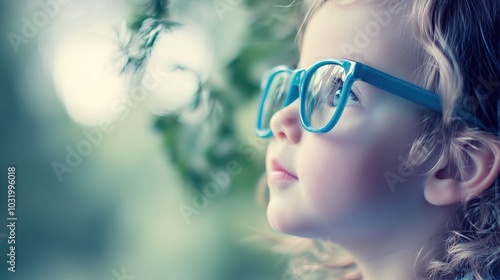 Young child wearing blue glasses focusing on distant tree outside window, symbolizing myopia prevention and importance of outdoor activities.