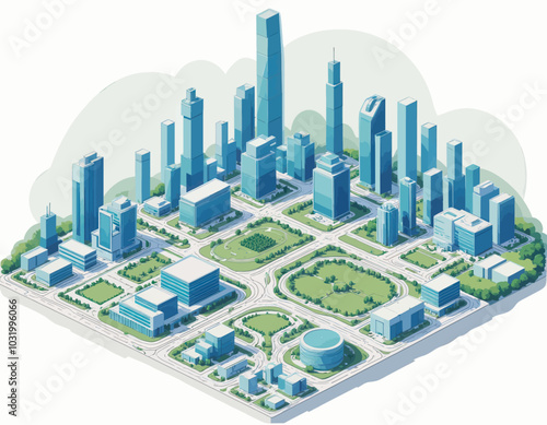 Isometric Cityscape with Skyscrapers and Parks 
