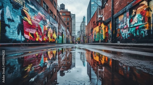 Graffiti Alley Reflects in Puddles After Rain