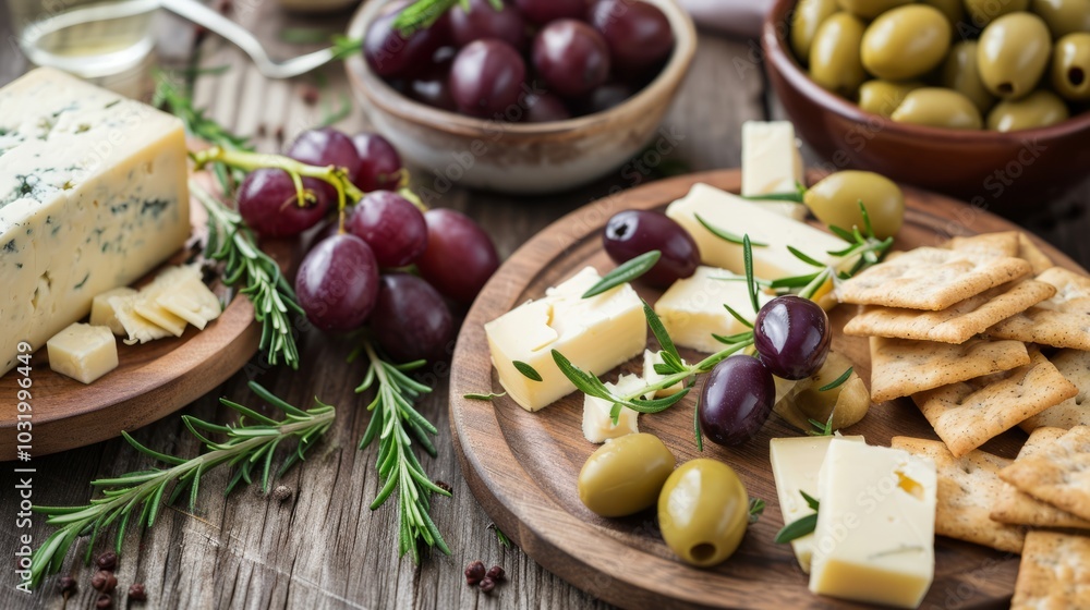 Gourmet Delight: Delectable Cheese Platter with Ripe Grapes, Crackers, and Fragrant Rosemary Sprigs, Gourmet Delight: Delectable Cheese Platter with Ripe Grapes, Crackers, and Fragrant Rosemary Sprigs,