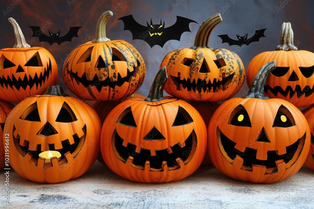 A group of carved pumpkins with spooky faces is arranged in rows, with bats flying above them, creating a fun and festive Halloween scene.
A group of carved pumpkins with spooky faces is arranged in rows, with bats flying above them, creating a fun and festive Halloween scene.