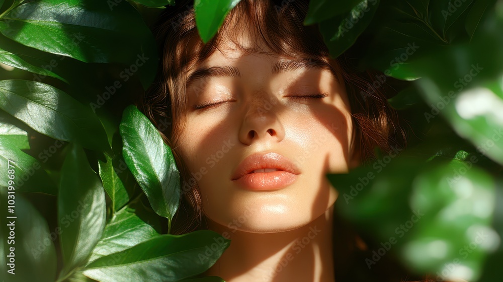 A woman with closed eyes and relaxed expression lies amidst lush green leaves, capturing a peaceful moment in nature with a soft natural light ambiance. A woman with closed eyes and relaxed expression lies amidst lush green leaves, capturing a peaceful moment in nature with a soft natural light ambiance.