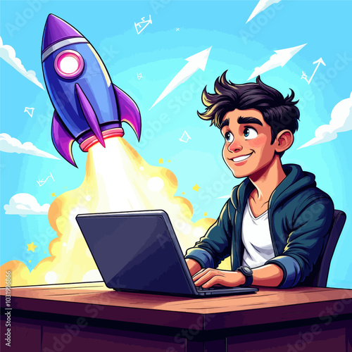 Man Working On Laptop With Rocket Illustration 

