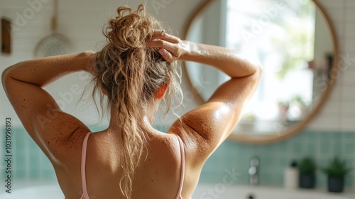 A woman with wet skin adjusts her hair in a tiled bathroom, symbolizing the refreshing start of a self-care ritual, full of cleansing and rejuvenation.