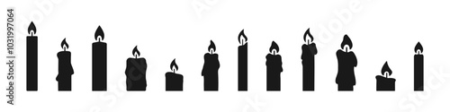 Candle icons set. Black silhouette candles religion. Vector