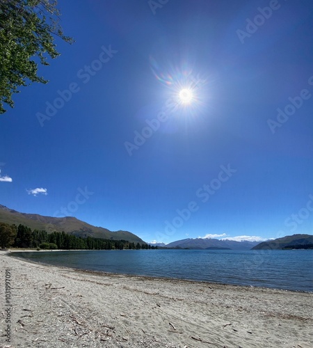 Beautiful views at the lake side of Glendhu Bay. Lake and sky photo