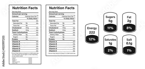 Nutrition Facts label design. Information for food. Calories, fats, serving, dietary, protein. Vector set