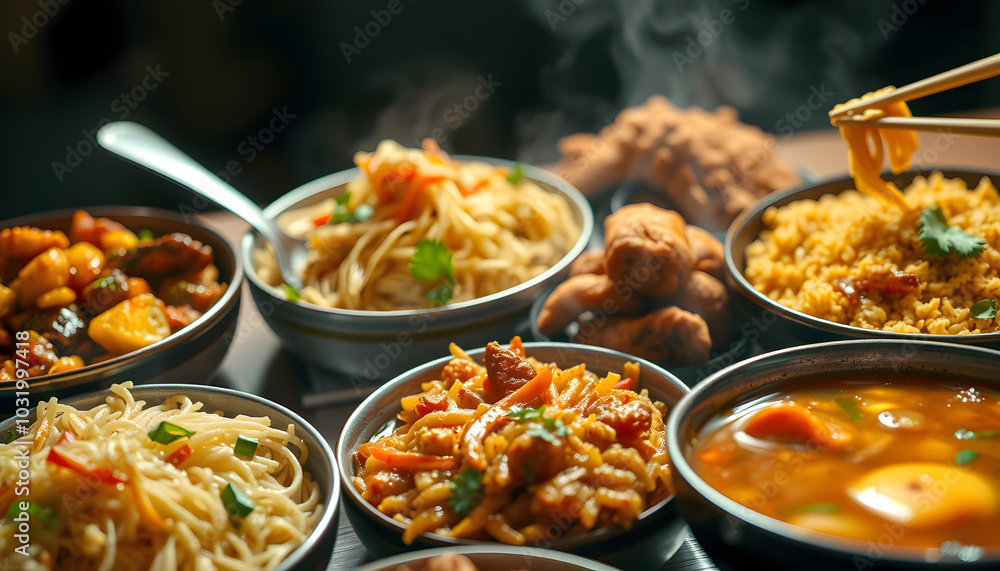 Assorted Indo chinese food in group includes non vegetarian or chicken Schezwan/Szechuan hakka noodles, fried rice, manchurian, egg american chop suey, soup with spoon and chop sticks, selective foc Assorted Indo chinese food in group includes non vegetarian or chicken Schezwan/Szechuan hakka noodles, fried rice, manchurian, egg american chop suey, soup with spoon and chop sticks, selective foc