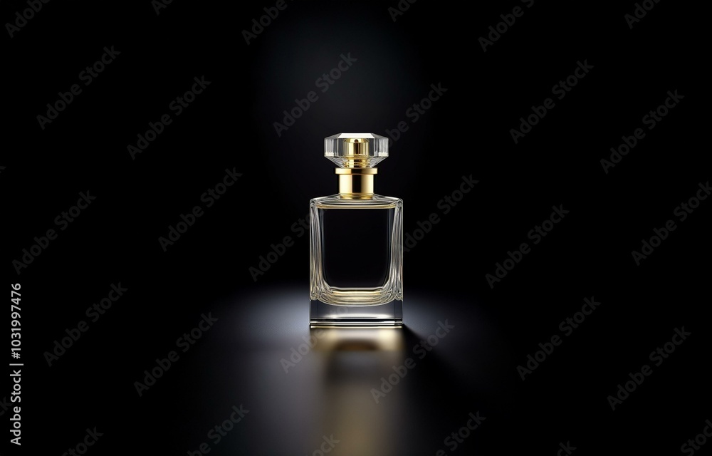 A clear glass bottle with a gold cap containing liquid stands on a black surface. A clear glass bottle with a gold cap containing liquid stands on a black surface.