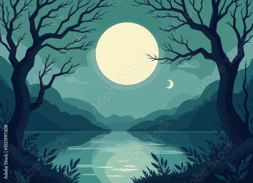 Night Lake and Moon Landscape 
