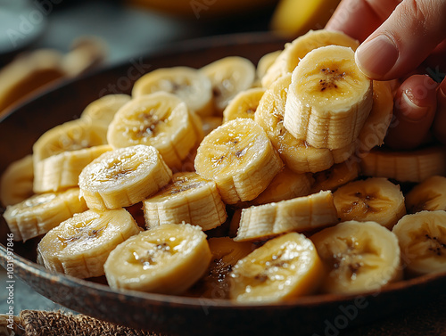 A close-up of sliced bananas on a plate, highlighting the texture and freshness of the fruit which makes it relevant for topics related to healthy eating, cooking, or food photography photo