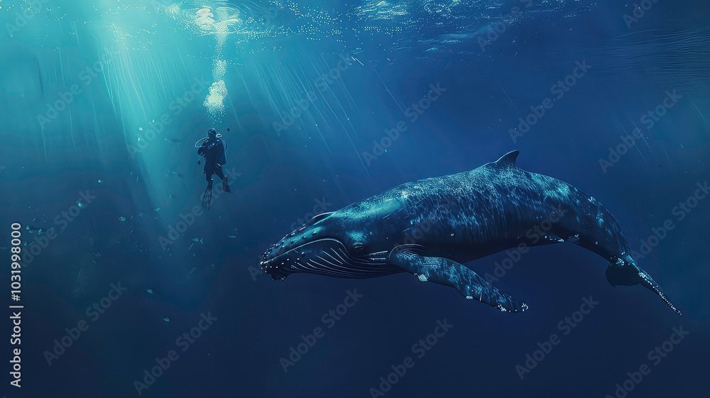 Fototapeta premium A diver swims beneath a humpback whale in the deep blue ocean, sunlight streams through the water, creating a magical underwater scene.