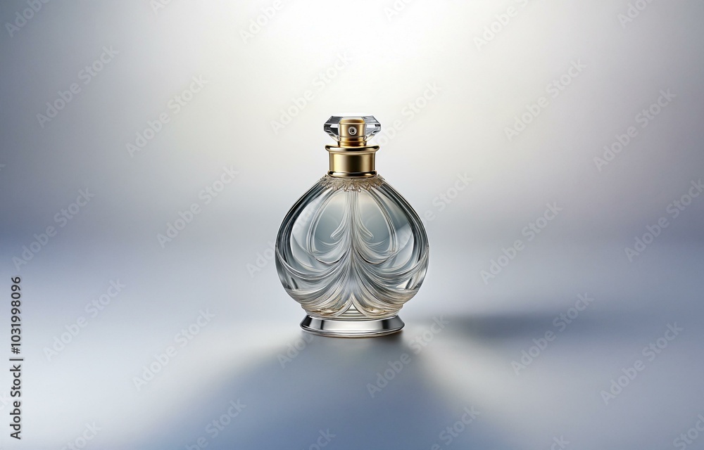 A glass perfume bottle with a gold cap and intricate design sits on a simple gray background. A glass perfume bottle with a gold cap and intricate design sits on a simple gray background.