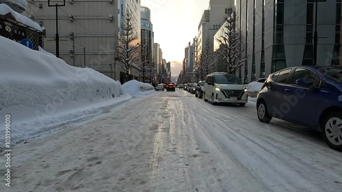 車載映像 雪が積もった道路 北海道札幌市