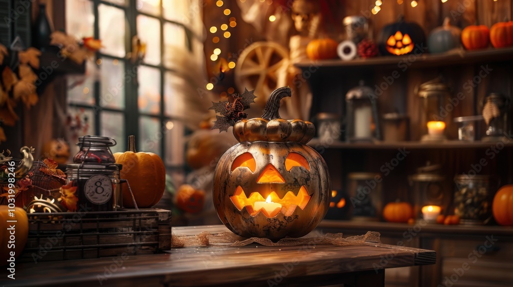 Fototapeta premium A glowing carved pumpkin sits on a wooden table surrounded by rustic autumn decor inside a cozy room, creating a warm and festive Halloween atmosphere.