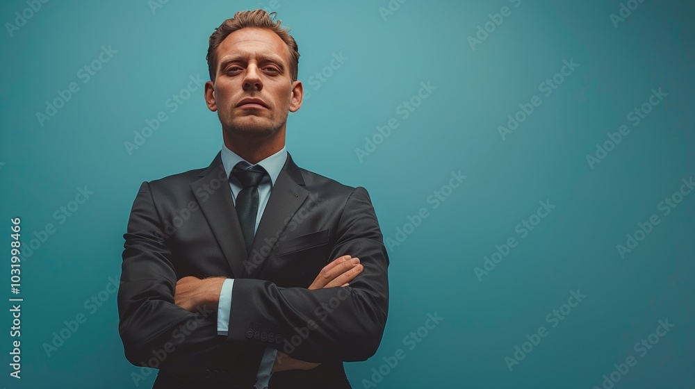 Confident man in a tailored suit poses against a vibrant blue wall outdoors Confident man in a tailored suit poses against a vibrant blue wall outdoors