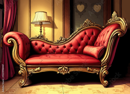 Ornate Red Chaise Lounge with Gold Trim