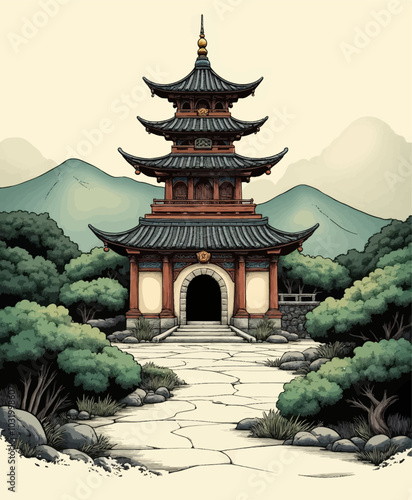 Pagoda with Stone Pathway and Lush Greenery  
