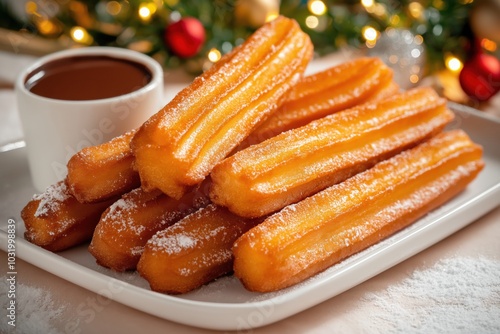 Classic churros dusted with sugar served with hot chocolate