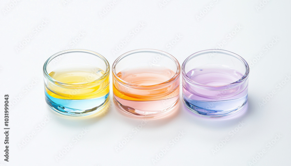 Three small glass containers filled with colored liquids: yellow, pink, and purple, arranged in a line against a white background. Three small glass containers filled with colored liquids: yellow, pink, and purple, arranged in a line against a white background.
