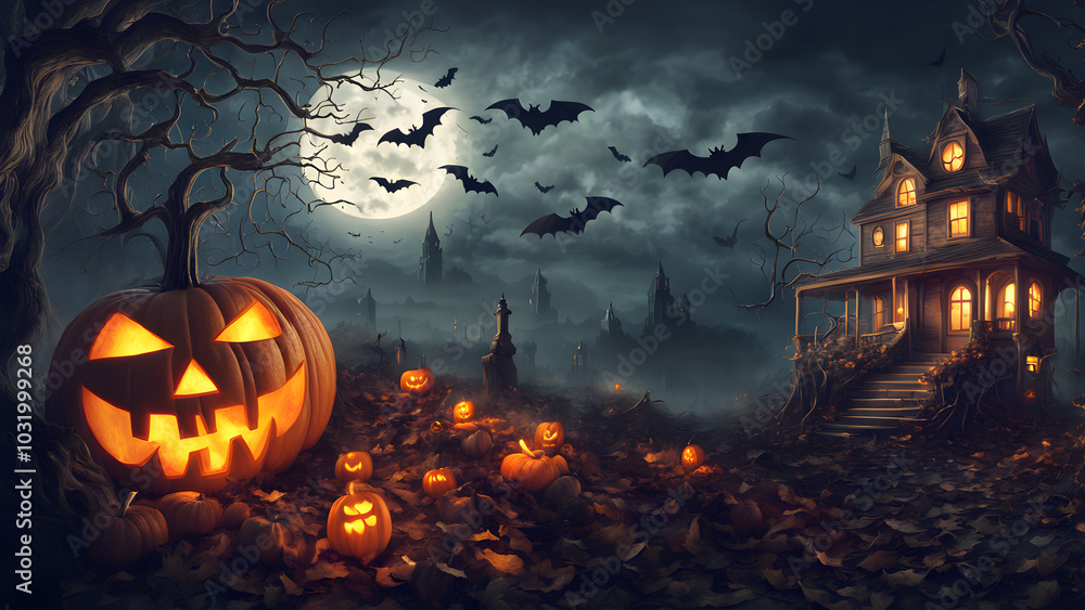 Haunted house in the distants no people, dark and shadowy, halloween punkins. ai generated. Haunted house in the distants no people, dark and shadowy, halloween punkins. ai generated.