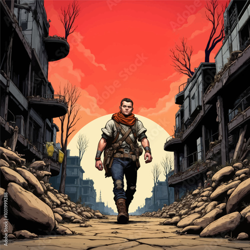 Post-Apocalyptic Cityscape with Lone Wanderer 
