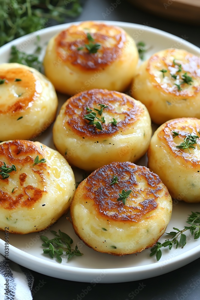A plate of golden, crispy potato cakes garnished with herbs. A plate of golden, crispy potato cakes garnished with herbs.