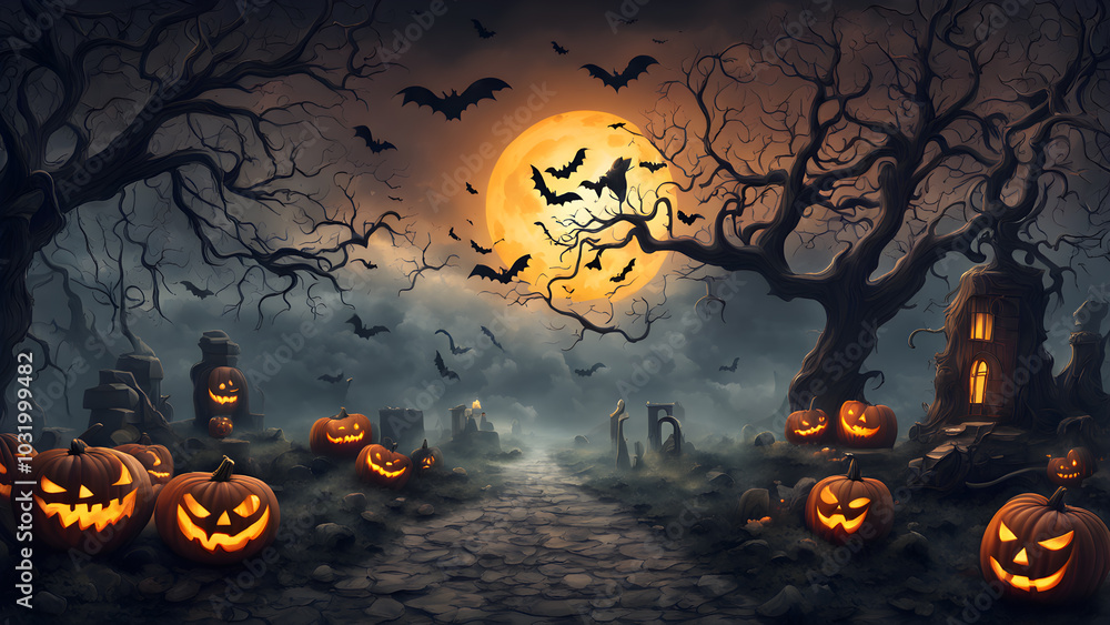 Haunted house in the distants no people, dark and shadowy, halloween punkins. ai generated. Haunted house in the distants no people, dark and shadowy, halloween punkins. ai generated.