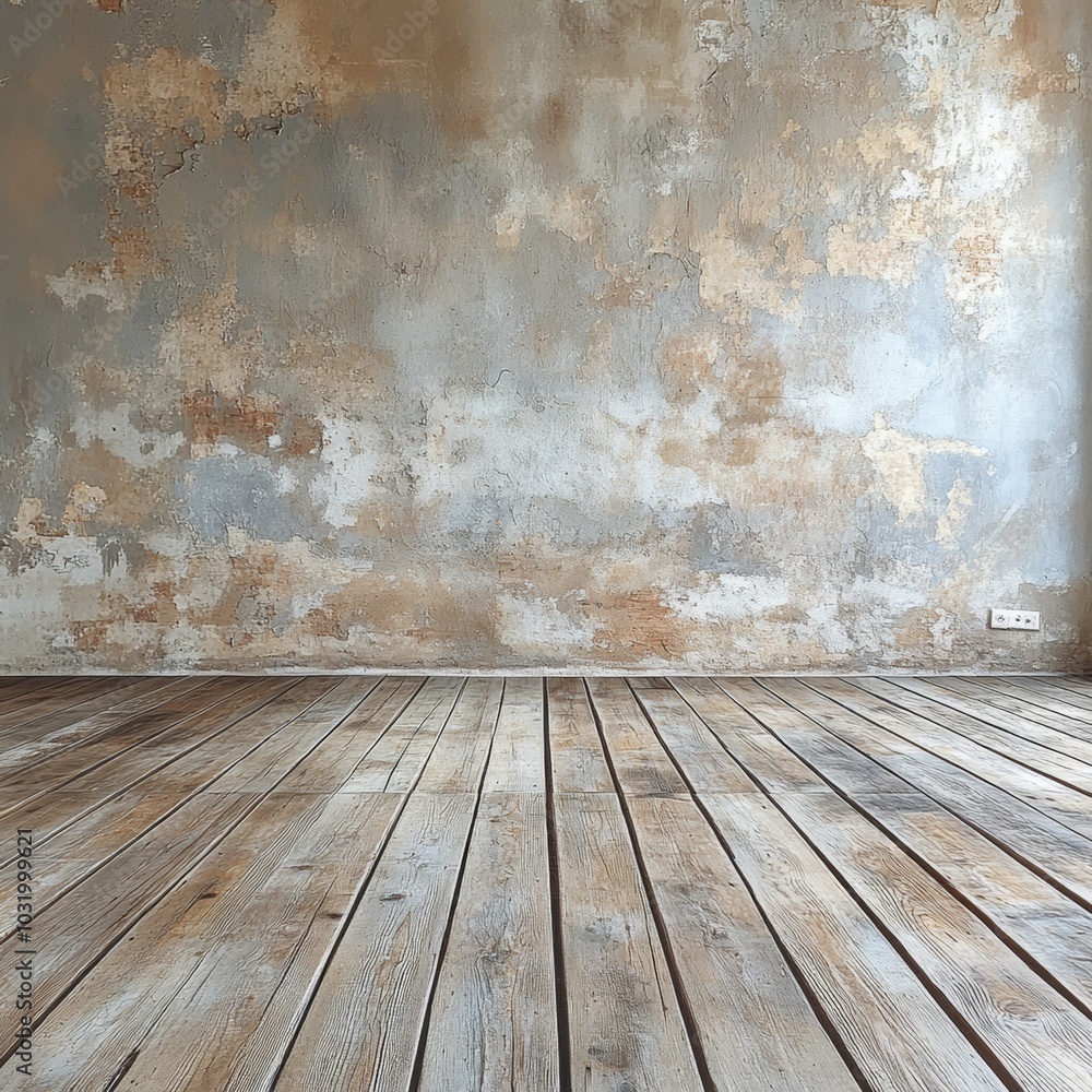 Fototapeta premium interior room with grunge wall and wooden floor may used as background