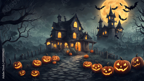 Haunted house in the distants no people, dark and shadowy, halloween punkins. ai generated.