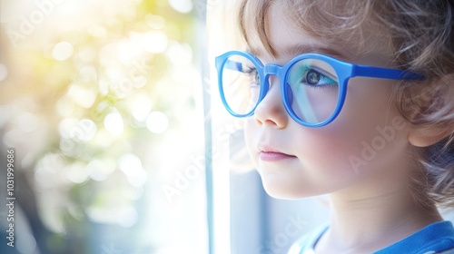 Young child wearing blue glasses focusing on distant tree outside window, symbolizing myopia prevention and importance of outdoor activities.