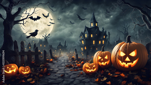 Haunted house in the distants no people, dark and shadowy, halloween punkins. ai generated.